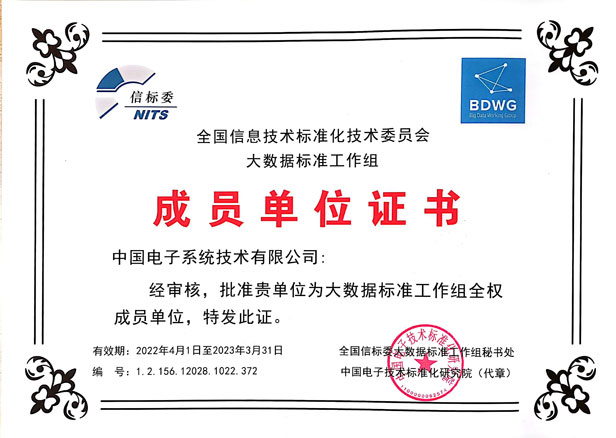 大数据标准工作组成员单位证书-3044am永利系统